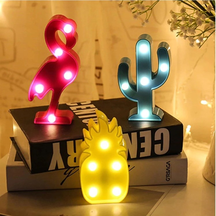 3D Led Işıklı Mini Gece Lambası, Flamingo, Unicorn, Kaktüs resmi